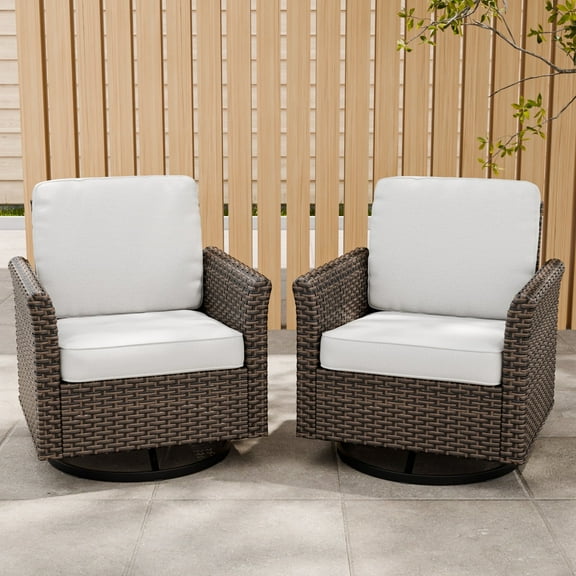EAGLE PEAK Ocean Vista Set of 2 Patio Variated Brown All-weather PE Wicker 360-Degree Rocking Swivel Chairs with Extended Armrest, Beige Cushions