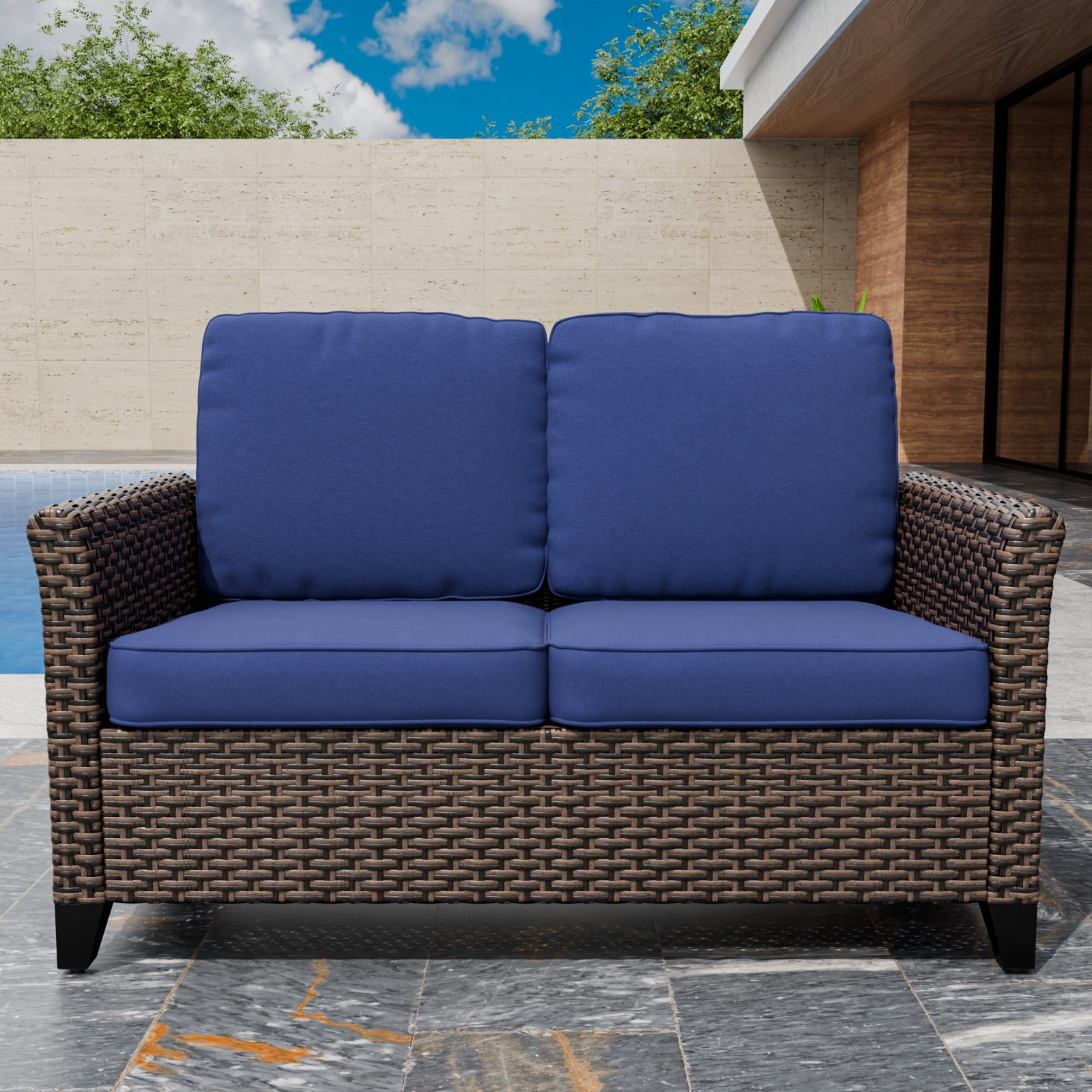 Powder Coated Black Steel Two-Seater Wicker Loveseat with Blue Cushions