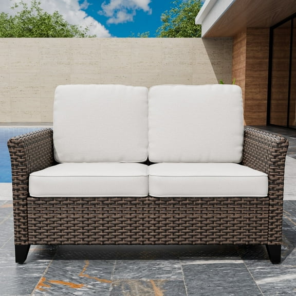 EAGLE PEAK Ocean Vista Patio Variated Brown All-weather PE Wicker Loveseat Sofa with Extended Armrest, Beige Cushions