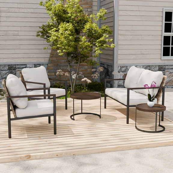 EAGLE PEAK Sunset Dune 5 Piece Patio Furniture Sets, Wicker Modern Outdoor Conversation Set with Coffee Tables, Cushions,Beige