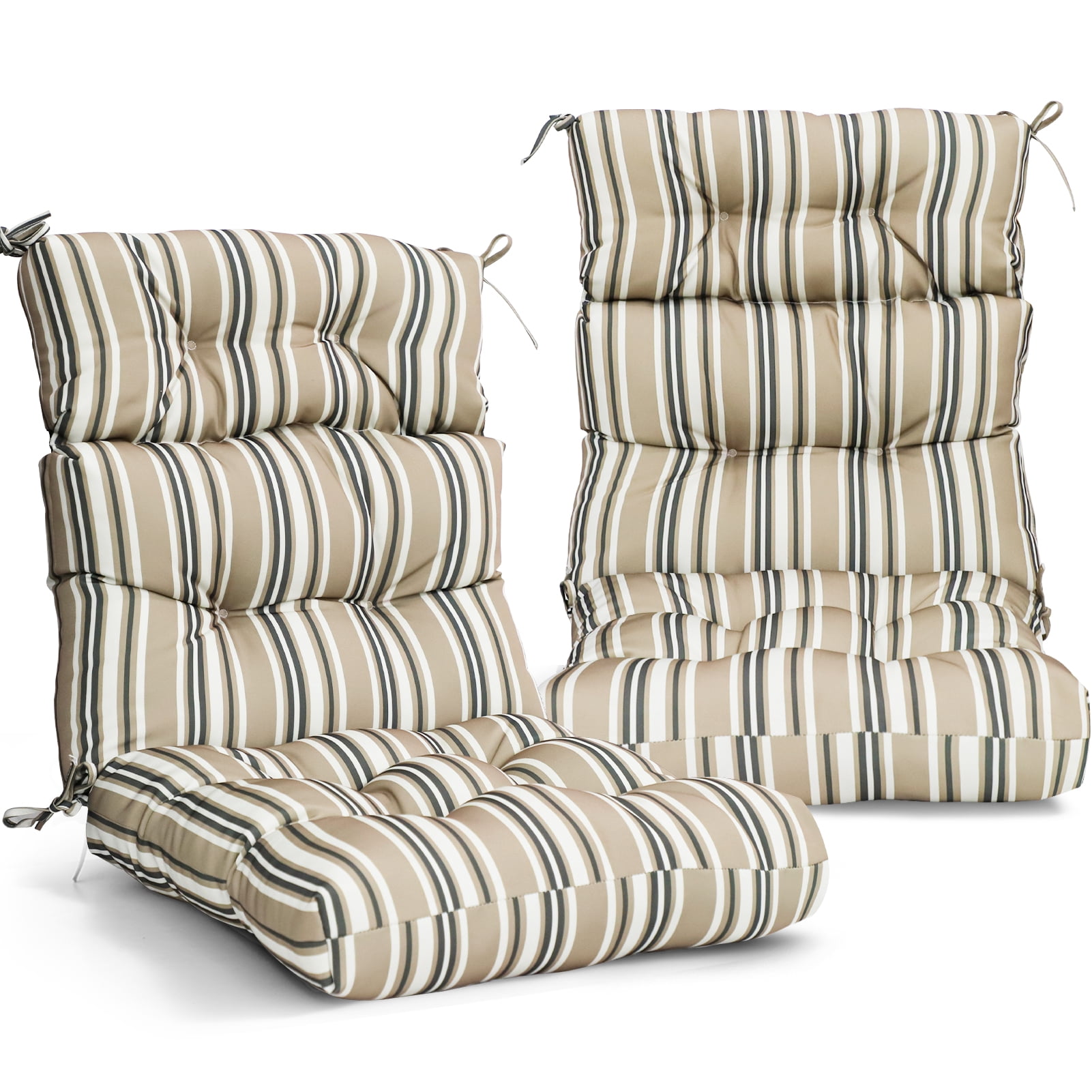 EAGLE PEAK Tufted Outdoor/Indoor High Back Patio Chair Cushions, Set of 2, 46" x 22'', Beige Stripes