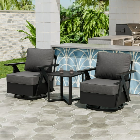 EAGLE PEAK Urban Slate 3 PCS Outdoor Bistro Set with Modern Swivel Rocking Chairs and Table, Black/Gray