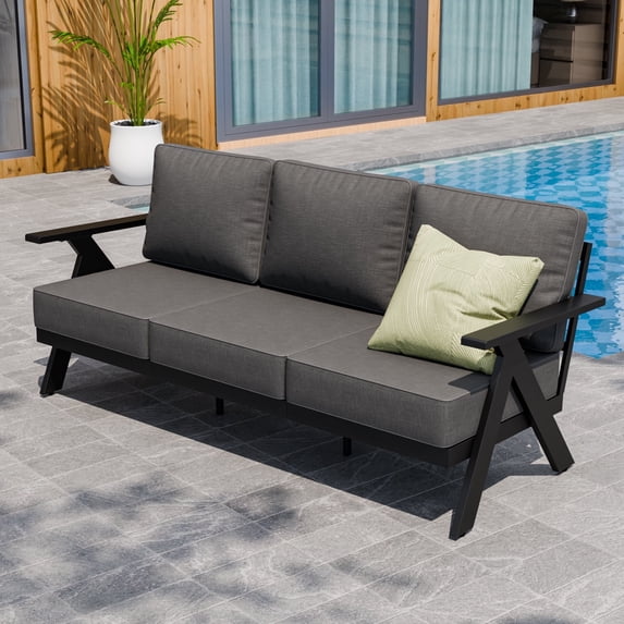 EAGLE PEAK Urban Slate 3-Seat Steel Modern Patio Couch Outdoor Sofa with Weather Resistant Cushions, Black/Gray