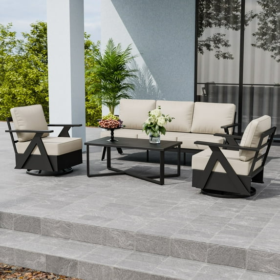 EAGLE PEAK Urban Slate 4 Piece Modern Outdoor Patio Furniture Set, Couch, Swivel Rocking Chairs, and Coffee Table, Black/Beige