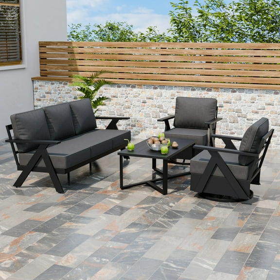 EAGLE PEAK Urban Slate 4 Piece Modern Outdoor Patio Furniture Set, Couch, Swivel Rocking Chairs, and Coffee Table, Black/Gray