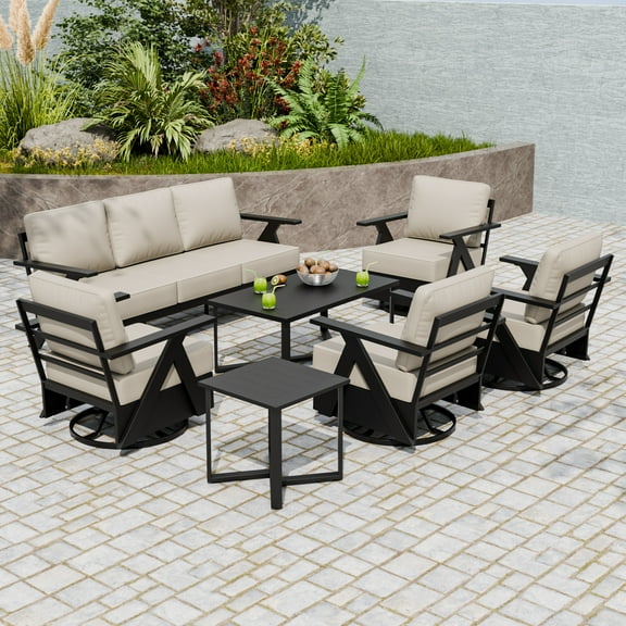 EAGLE PEAK Urban Slate 7 Piece Modern Outdoor Patio Furniture Set, Couch, 4 Swivel Chairs, Coffee Table, and Side Table, Black/Gray