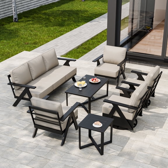 EAGLE PEAK Urban Slate 7 Piece Modern Outdoor Patio Furniture Set, Couch, Swivel Rocking Chairs, Patio Chairs, Coffee Table, and Side Table, Black/Beige