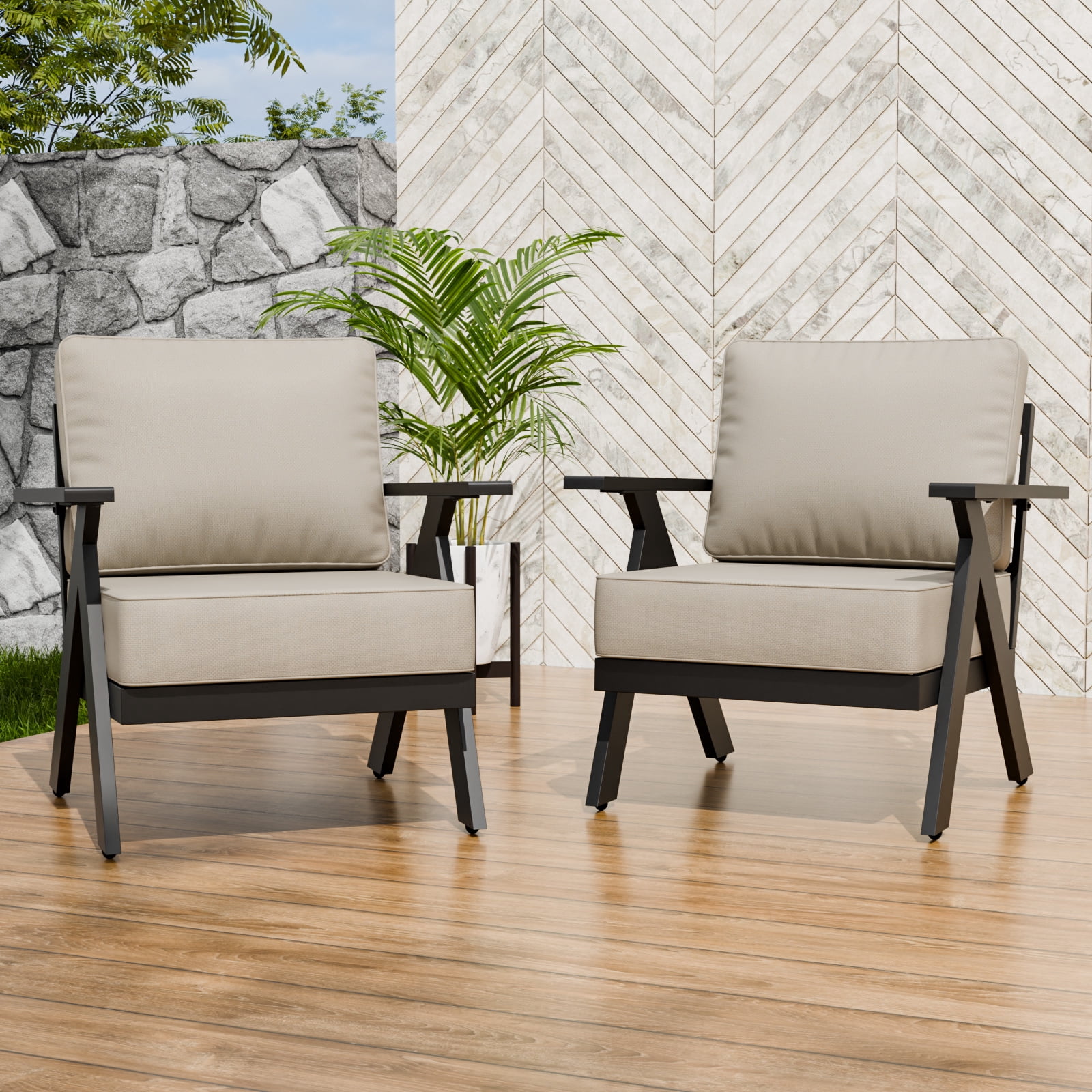 EAGLE PEAK Urban Slate Modern Patio Accent Chair Set of 2 with Thick Cushions，Black/Beige