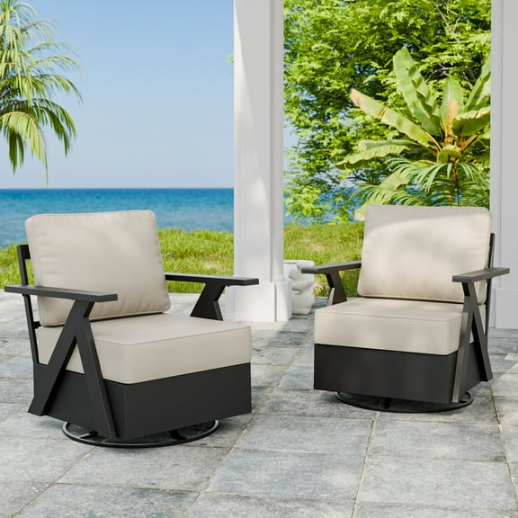 EAGLE PEAK Urban Slate Modern Swivel Rocker Patio Chair Set of 2, Black/Beige