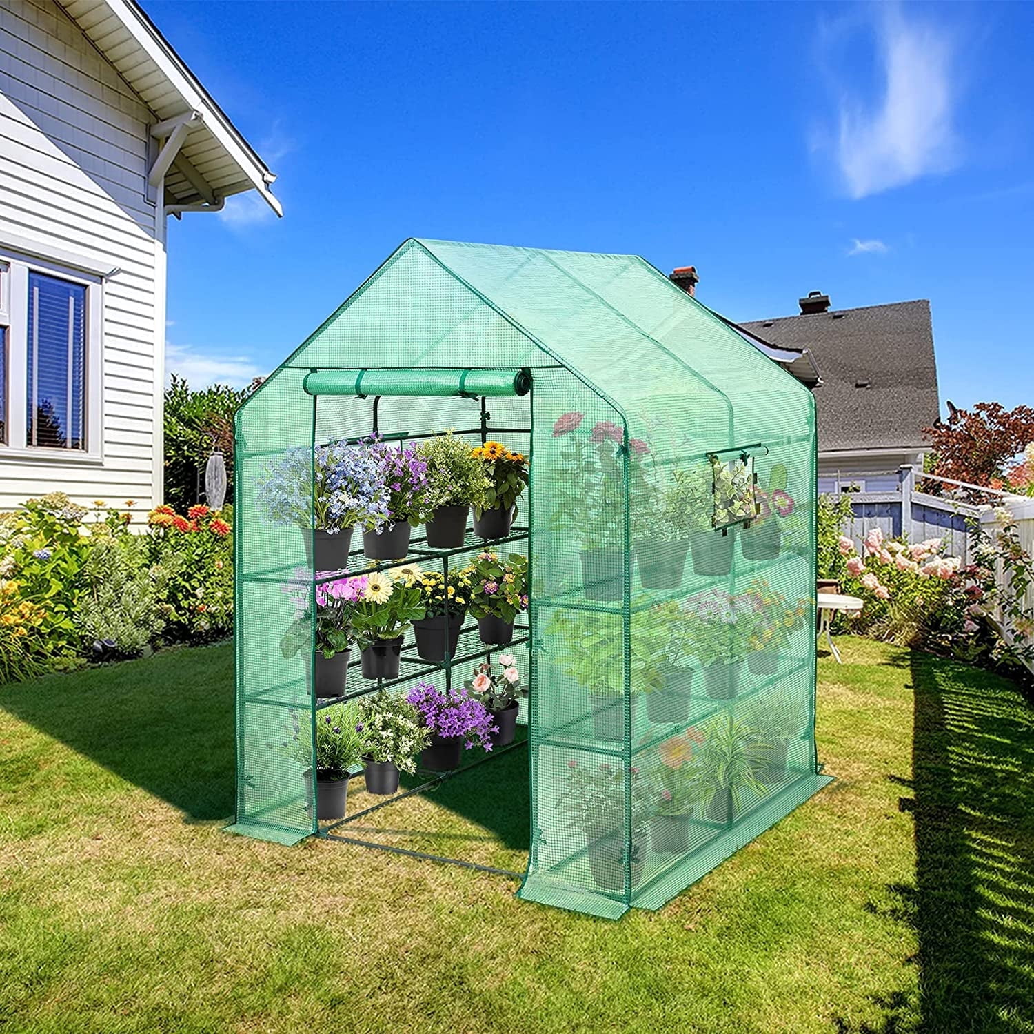 EAGLE PEAK Walk-in Greenhouse 2 Tiers 8 Shelves with Roll-up Zipper Door and 2 Side Mesh Windows, Outdoor Indoor Portable Gardening Plant House 56 x 56 x 77 in , Green