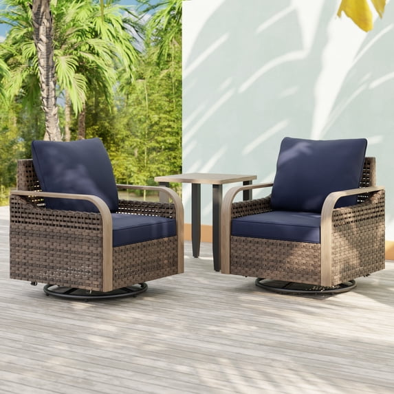EAGLE PEAK Wicker Bistro Table and Chairs Set of 3, Outdoor Bistro Set, 3 Piece Patio Furniture Set w/ 360° Wicker Swivel Rocking Chairs & Side Table, Brown/Blue