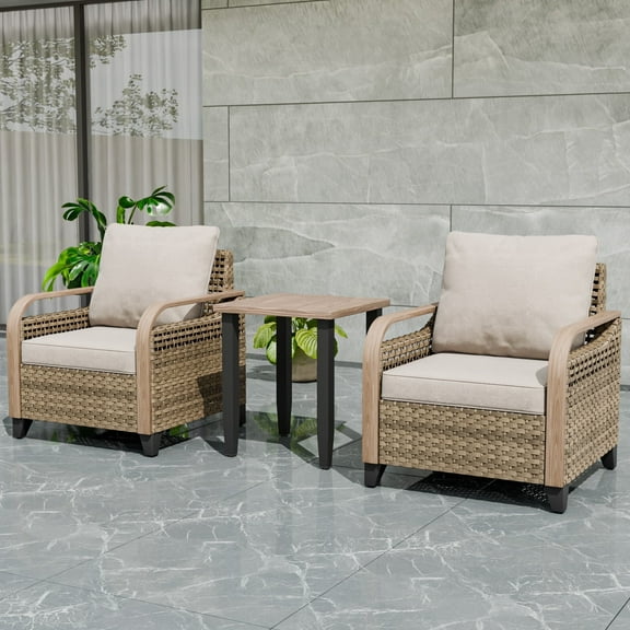 EAGLE PEAK Wicker Bistro Table and Chairs Set of 3, Outdoor Bistro Set, 3 Piece Patio Furniture Set w/ Wicker Outdoor Chairs & Side Table, Brown/Gray