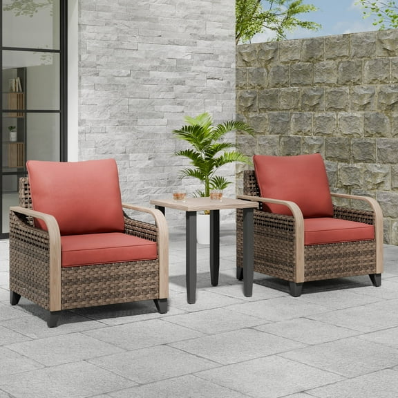 EAGLE PEAK Wicker Bistro Table and Chairs Set of 3, Outdoor Bistro Set, 3 Piece Patio Furniture Set w/ Wicker Outdoor Chairs & Side Table, Brown/Red