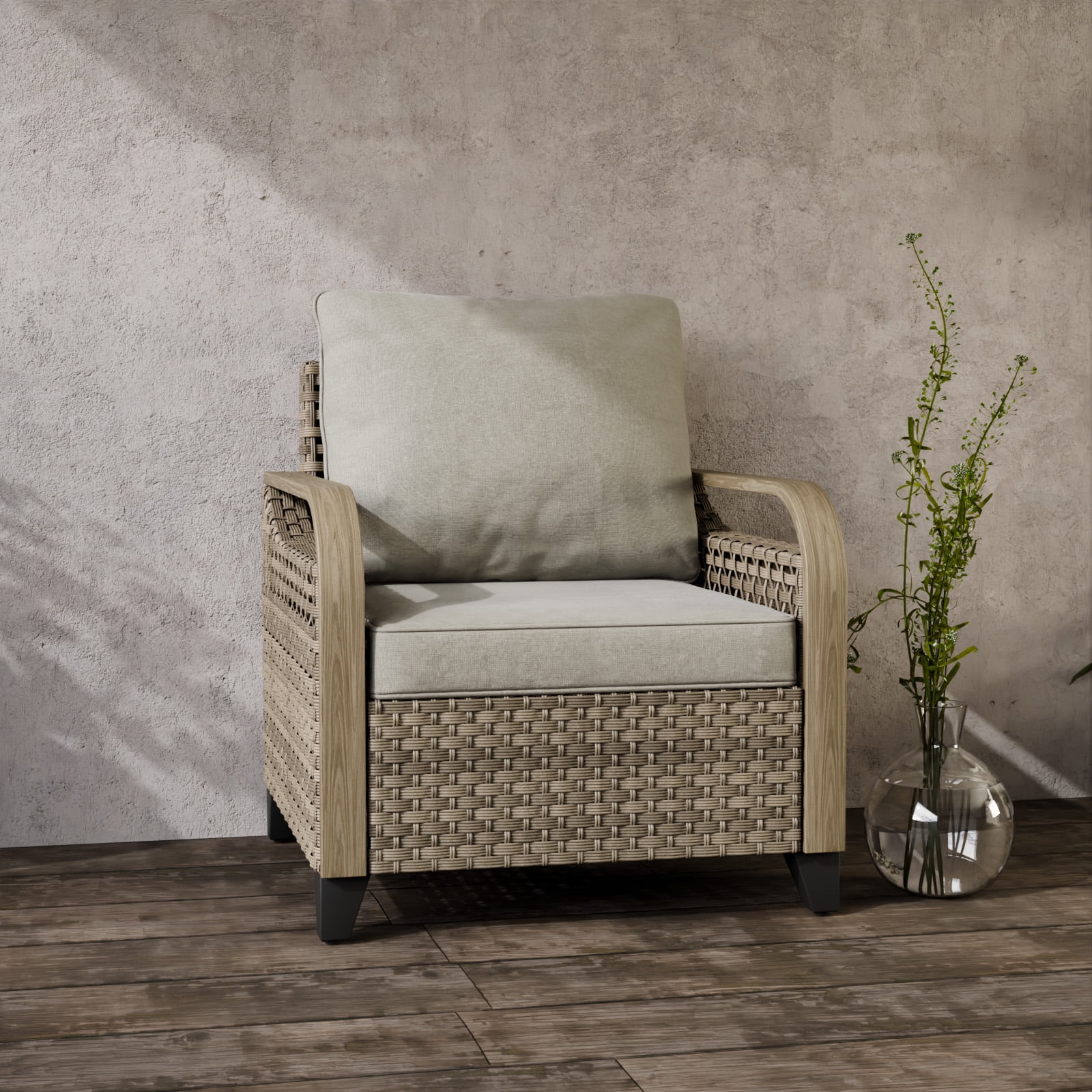 Gray Wicker and Steel Patio Armchair with Cushions