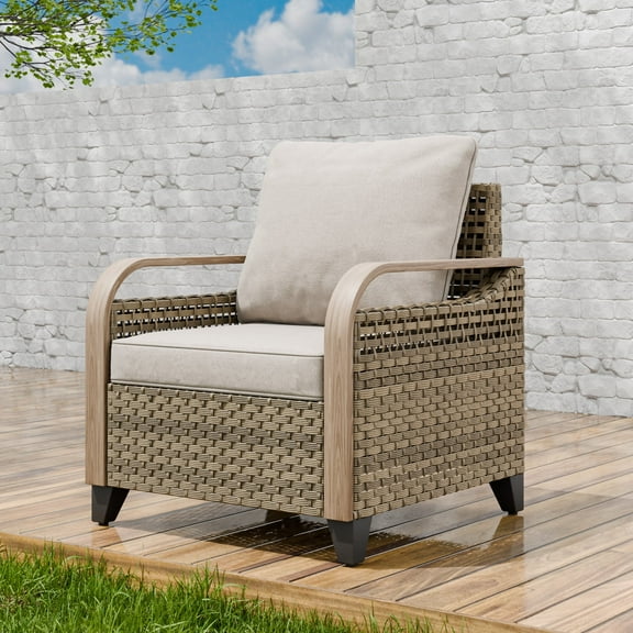 EAGLE PEAK Wicker Outdoor Chair with Cushions, Patio Chair, Deep Seating 4 inch Cushion, PE Rattan Curved Armrest Porch Chair, Brown/Gray