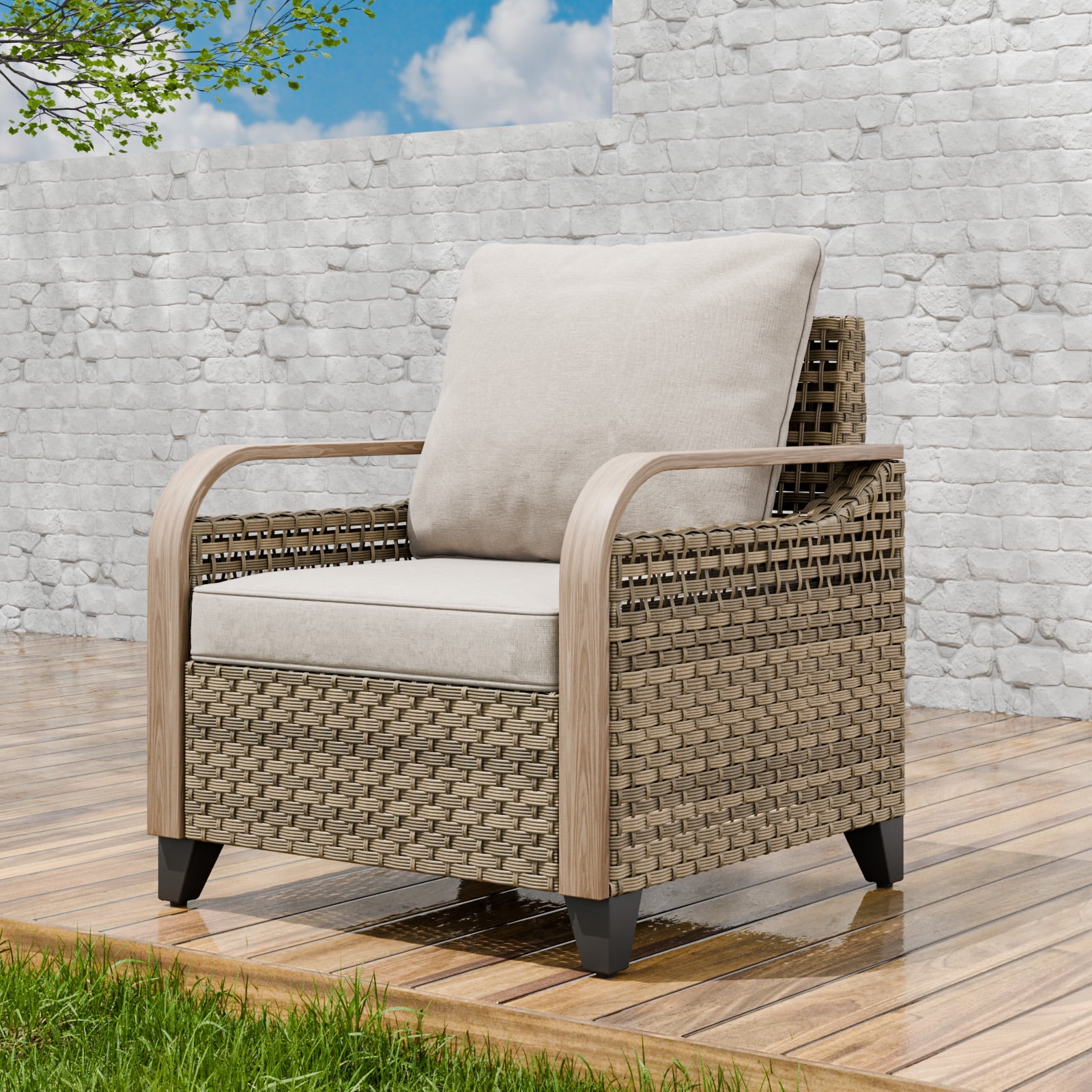 Gray Wicker and Steel Patio Armchair with Cushions