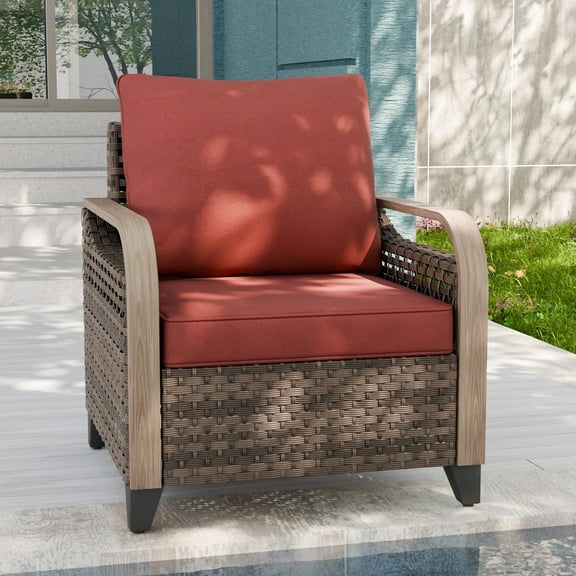 EAGLE PEAK Wicker Outdoor Chair with Cushions, Patio Chair, Deep Seating 4 inch Cushion, PE Rattan Curved Armrest Porch Chair, Brown/Red