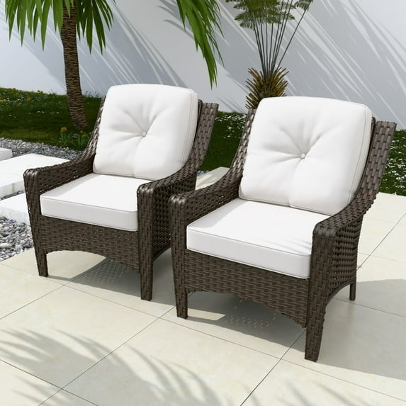 EAGLE PEAK Azure Bay 2 Pieces Patio Wicker Chairs, Outdoor Club Chair Weather Resistant Rattan Furniture with Beige Cushions