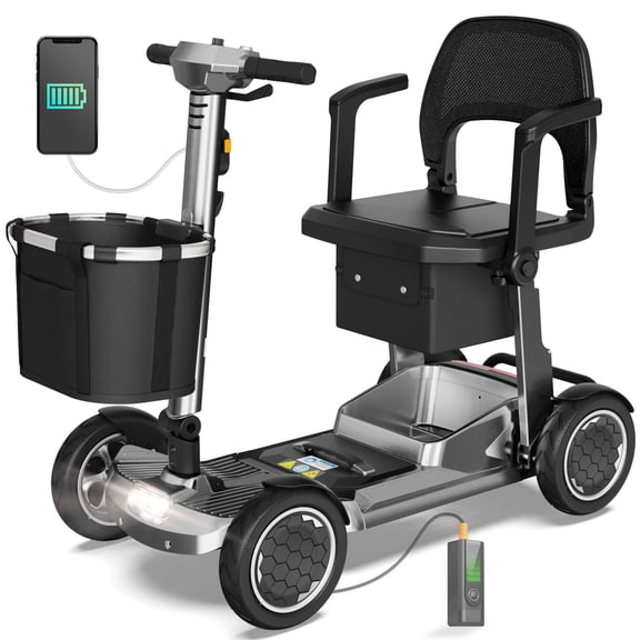 EAGLOG Lightweight Mobility Scooter for Seniors, Foldable Motorized Scooters with Removable Lithium Battery, Pneumatic Tires, Airport Approved, 12.4 Miles Range, 330lb Capacity, Silver