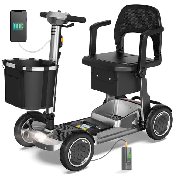 EAGLOG Lightweight Mobility Scooter for Seniors, Foldable Motorized Scooters with Removable Lithium Battery, Pneumatic Tires, Airport Approved, 24.8 Miles Range, 330lb Capacity, Silver