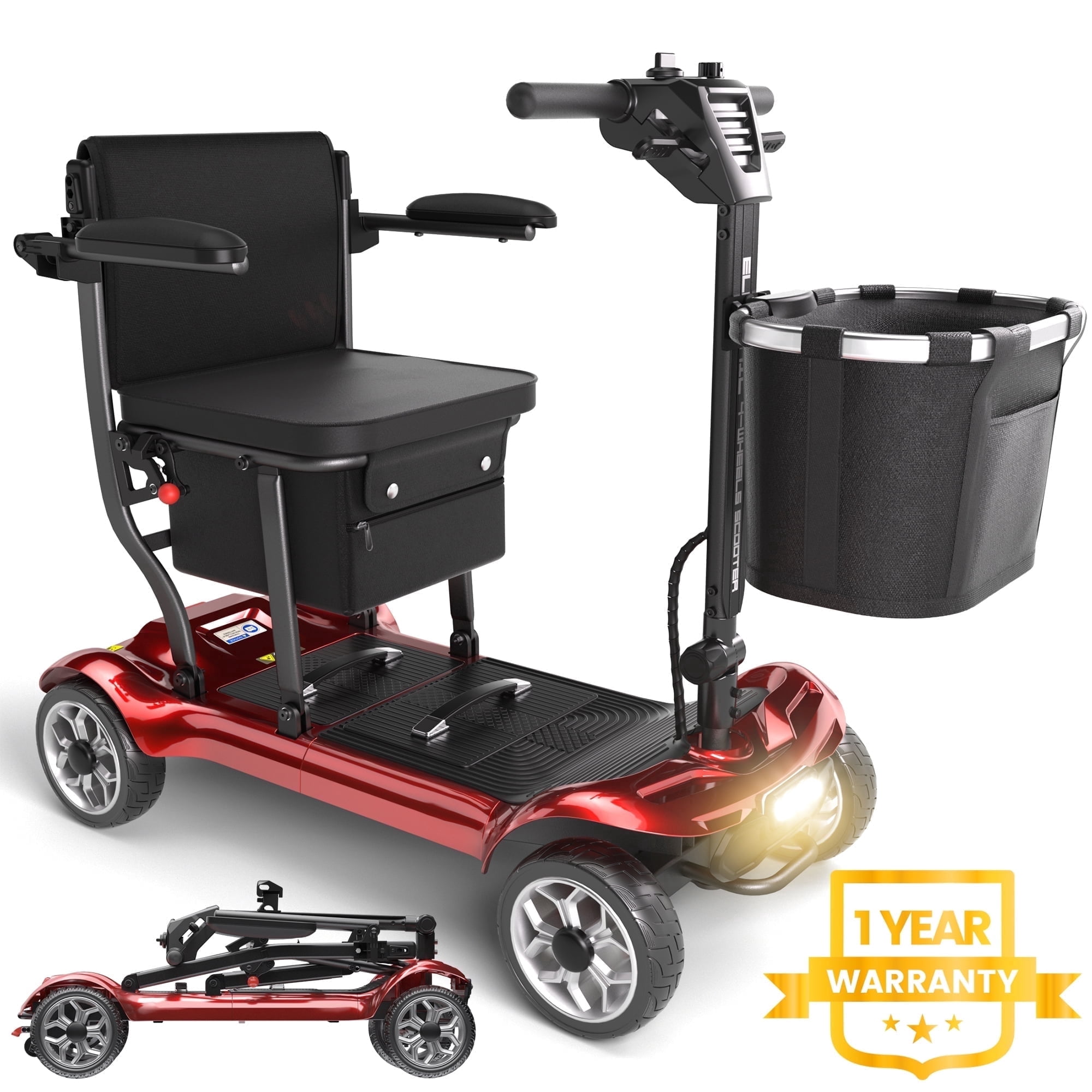 EAGLOG Light Weight 4 Wheels Mobility Scooter for Seniors, Electric Folding Wheelchair Device for Travel, 12.4 Miles Range, Red