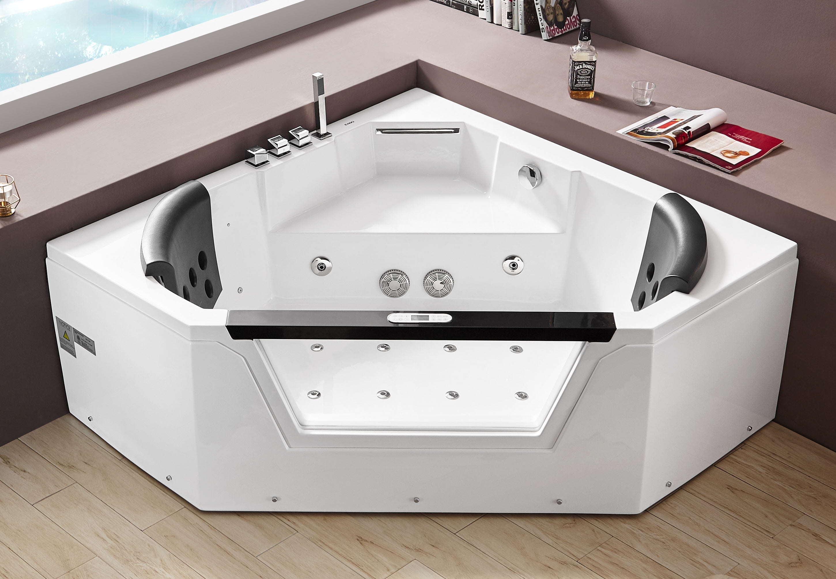 59'' White Acrylic Corner Whirlpool Bathtub with Glass Panel