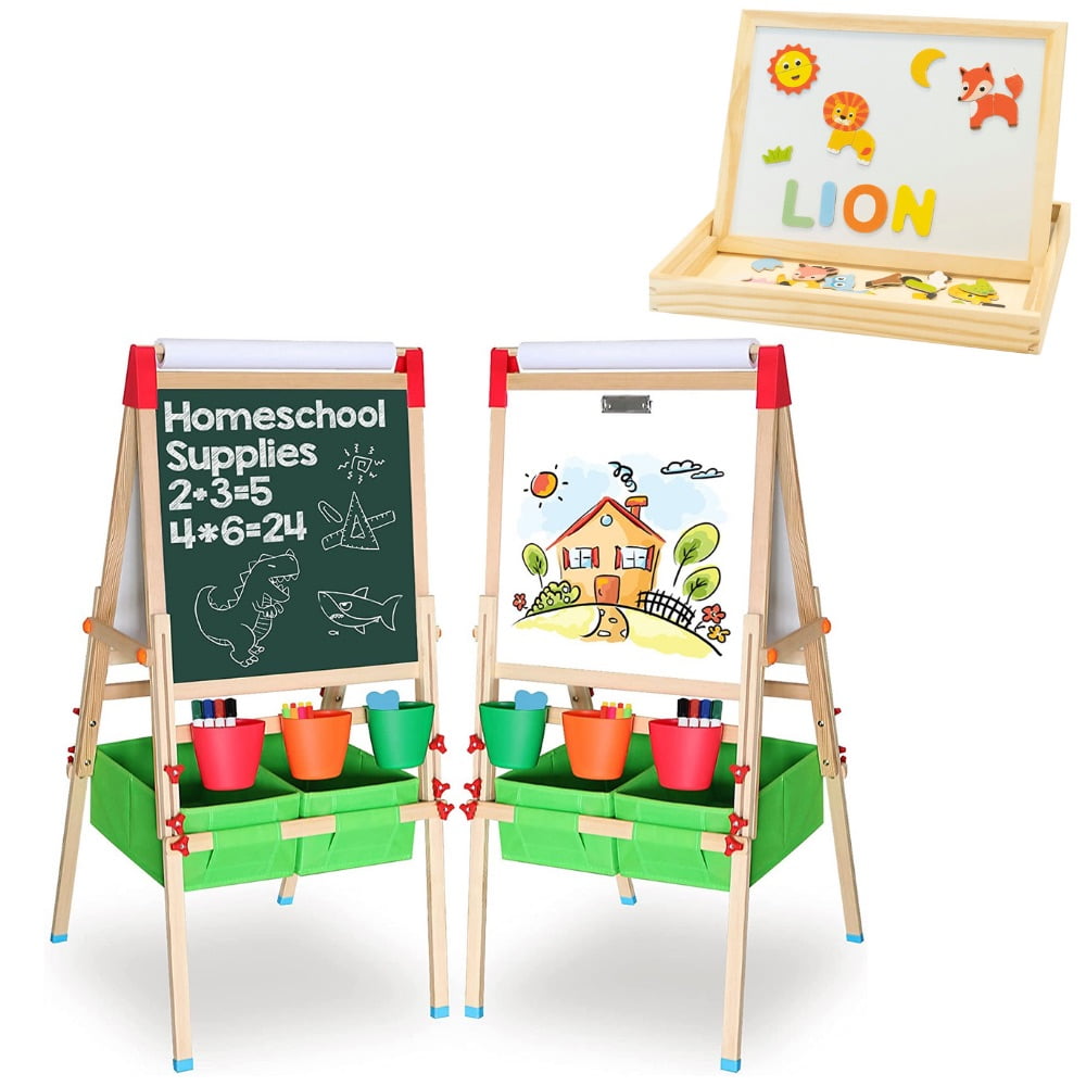 WOODENFUN Wooden Standing Art Easel for Kids 2-6, Adjustable Double Sided  Drawing Board Whiteboard & Chalkboard Dry Easel Board, Gift for Boys Girls