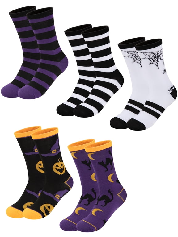 Halloween Kids Crew Socks 5 Pairs Novelty Spooky Prints Soft Breathable for Boys Girls Trick‑or‑Treat