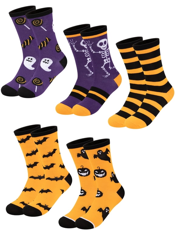 Halloween Kids Crew Socks 5 Pairs Novelty Spooky Prints Soft Breathable for Boys Girls Trick‑or‑Treat