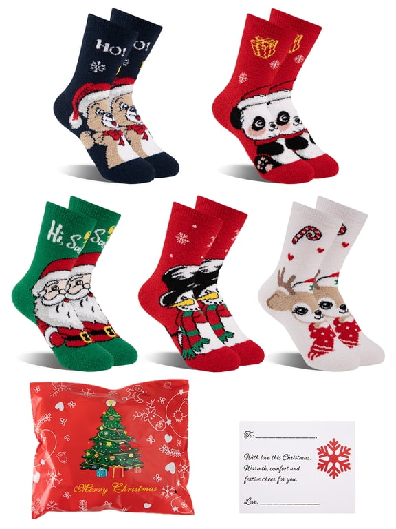 Kids Fuzzy Christmas Socks 5 Pairs Gift Bag Greeting Card Soft Warm Cartoon Boys Girls Holiday Daily Wear