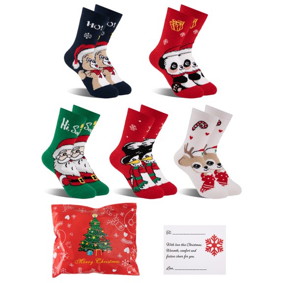 EALLCO Kids Fuzzy Christmas Socks 5 Pairs Gift Bag Greeting Card Soft Warm Cartoon Boys Girls Holiday Daily Wear