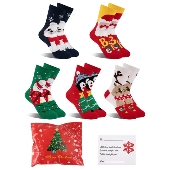 EALLCO Kids Fuzzy Christmas Socks 5 Pairs Gift Bag Greeting Card Soft Warm Cartoon Boys Girls Holiday Daily Wear