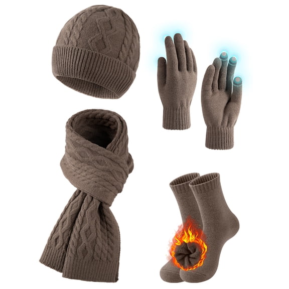 EALLCO 4 Piece Winter Warm Set Warm Knit Beanie Hat Touchscreen Gloves Cozy Thick Scarf with Thick Socks for Men