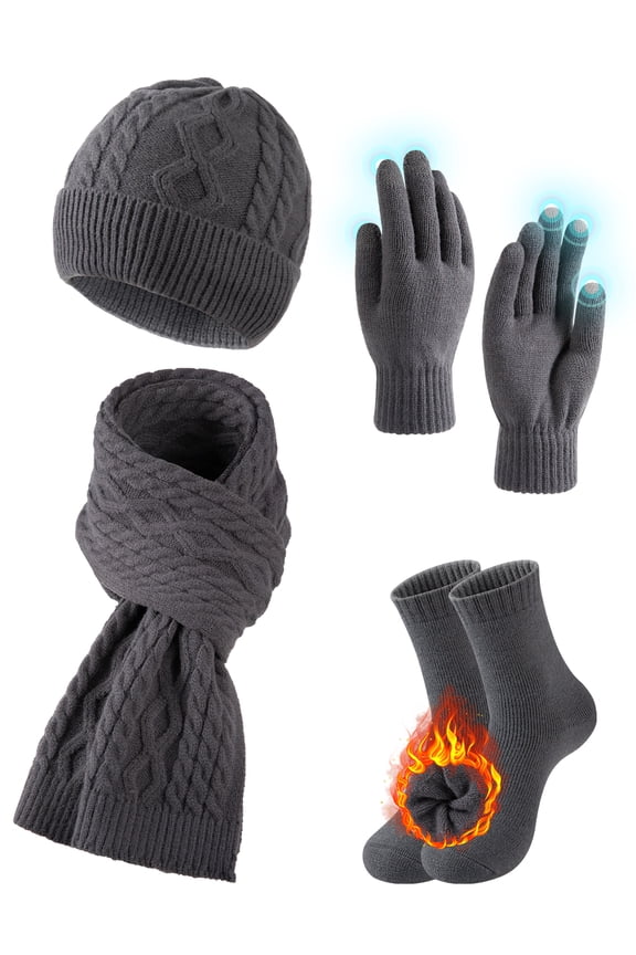4 Piece Winter Warm Set Warm Knit Beanie Hat Touchscreen Gloves Cozy Thick Scarf with Thick Socks for Men
