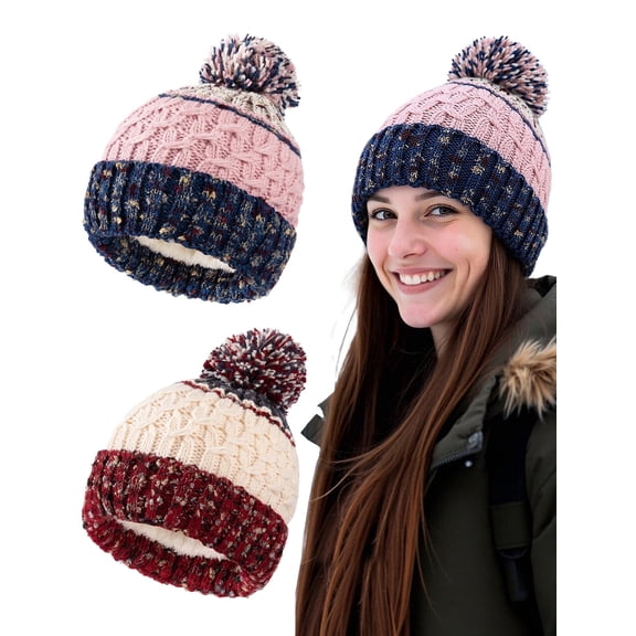 EALLCO 2 packs Womens Winter Knit Beanie Hat with Fleece Lining Warm and Cozy Pom Pom Cap for Ski Cold Weather