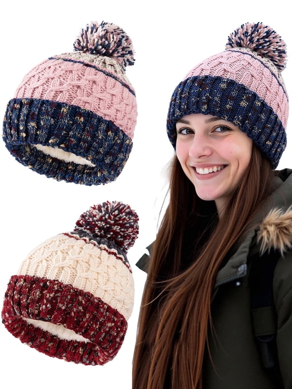 2 packs Womens Winter Knit Beanie Hat with Fleece Lining Warm and Cozy Pom Pom Cap for Ski Cold Weather