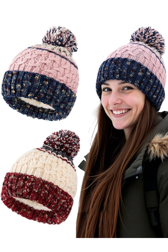 2 packs Womens Winter Knit Beanie Hat with Fleece Lining Warm and Cozy Pom Pom Cap for Ski Cold Weather