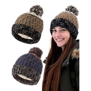 EALLCO 2 Packs Womens Winter Knit Beanie Hat with Fleece Lining Warm and Cozy Pom Pom Cap for Ski Cold Weather