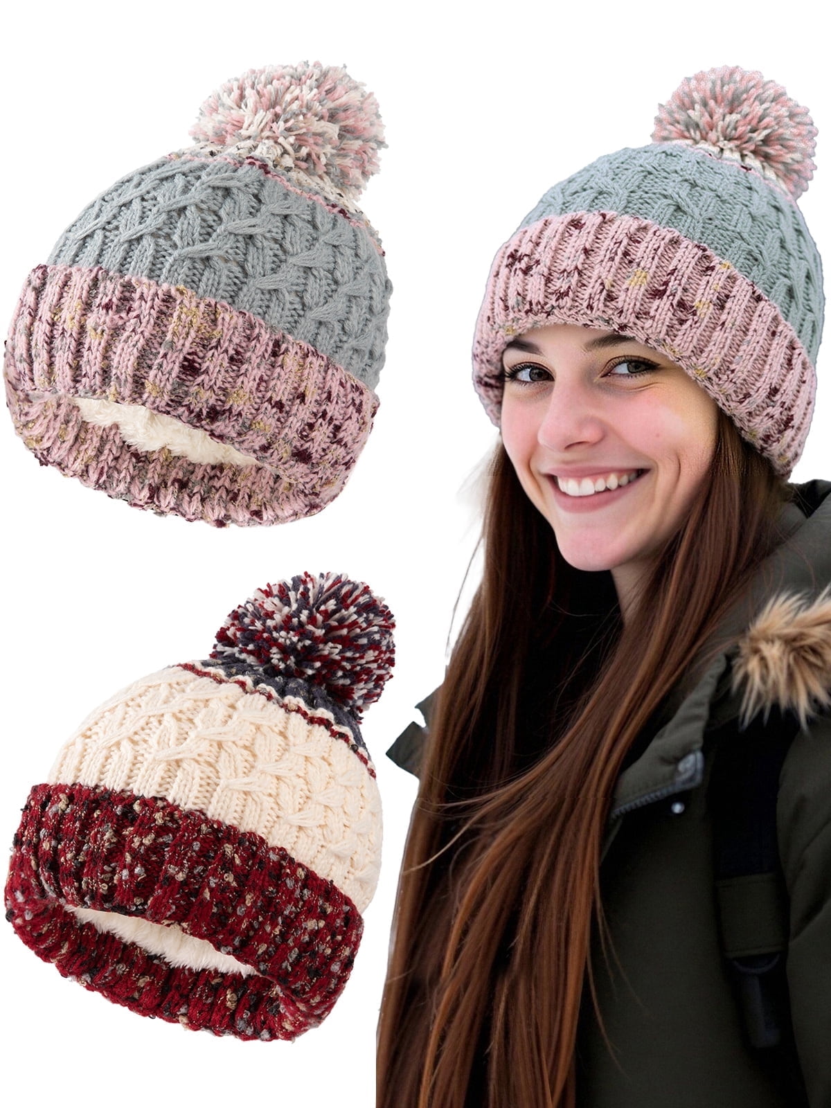 EALLCO 2 Packs Womens Winter Knit Beanie Hat with Fleece 