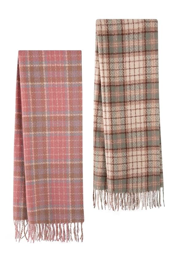 2 Pack Winter Scarves for Women, Cozy Thick Fuzzy Oversized Scarfs for Cold Weather, Classic Soft Warm Plaid Blanket Scarves