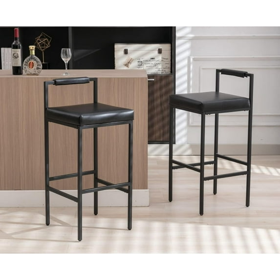 EALSON Modern Bar Stools Set of 2 Leather Upholstered Bar Height Barstools with Low Back and Metal Frame 30 Inch Couter Tall Bar Chairs Industrial Island Chairs for Kitchen/Pub, Black