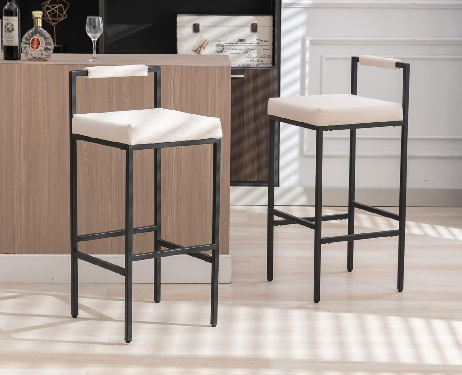EALSON Modern Bar Stools Set of 2 Linen Upholstered Bar Height