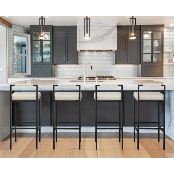 EALSON Modern Bar Stools Set of 4 Linen Upholstered Bar Height Barstools with Low Back and Metal Frame 30 Inch Couter Tall Bar Chairs Industrial Island Chairs for Kitchen/Pub, Beige