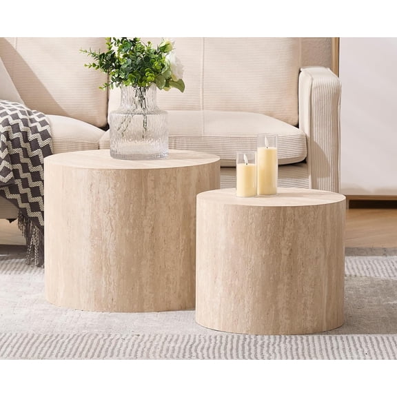 EALSON Nesting Coffee Tables Set of 2 Farmhouse Small Round End Tables Modern Circle Side Table Drum Table for Living Room/Small Spaces/Bedroom/Balcony, No Assembly, Travertine