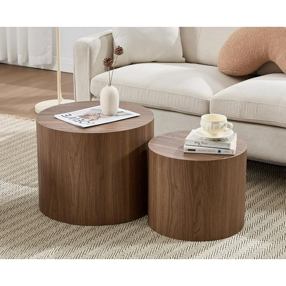 EALSON Nesting Coffee Tables Set of 2 Farmhouse Small Round End Tables Modern Wood Circle Side Table Drum Table for Living Room Small Spaces Bedroom Balcony, No Assembly, Walnut