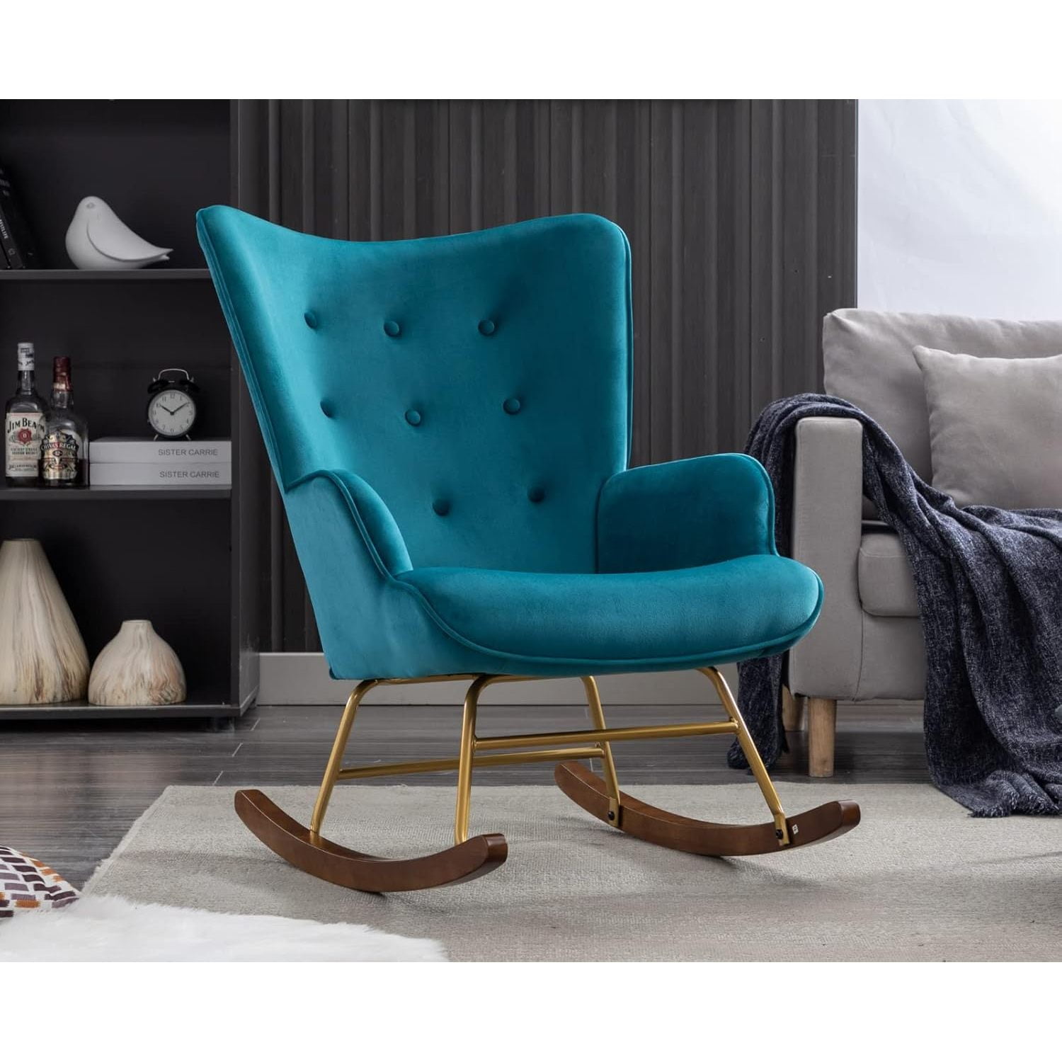 EALSON Velvet Nursery Rocking Chair Upholstered Rocker Chair Tufted ...