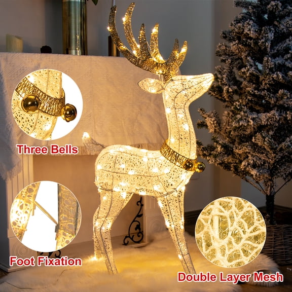 EAMBRITE 48 70 LT Pre-Lit Christmas Glittering Reindeer with Gold Jingle Bell and Twinkle Light Outdoor Holiday Mesh Standing Buck Deer Decorations for Home Lawn Yard Garden Indoor Outdoor Plug in