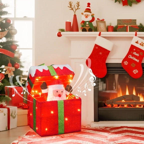 EAMBRITE Animated Christmas Santa in Lighted Gift Box, Motion Sensor Christmas Music Decorative Lights, Under The Christmas Tree Present Decorations for Indoor Outdoor Yard Home Holiday Decor