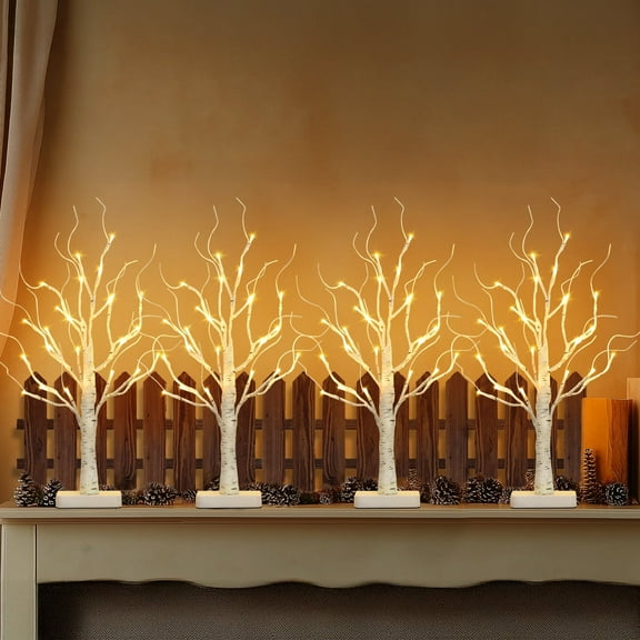 EAMBRITE Birch Tree with LED Lights for Christmas Decorations Indoor, Lighted Tabletop Tree 22 in 24 LED White Twig Battery Operated Mini Small Artificial Trees for Home Table Centerpiece Mantel 4pcs