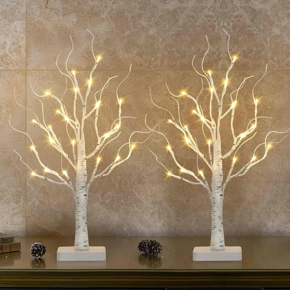 EAMBRITE Birch Tree with Led Lights, 4th of July Tree, Lighted Mini Small Artificial Tree Lamp Prelit Twig Trees Timer Battery Operated for Christmas Table Centerpiece Home Decor Indoor 2Pack